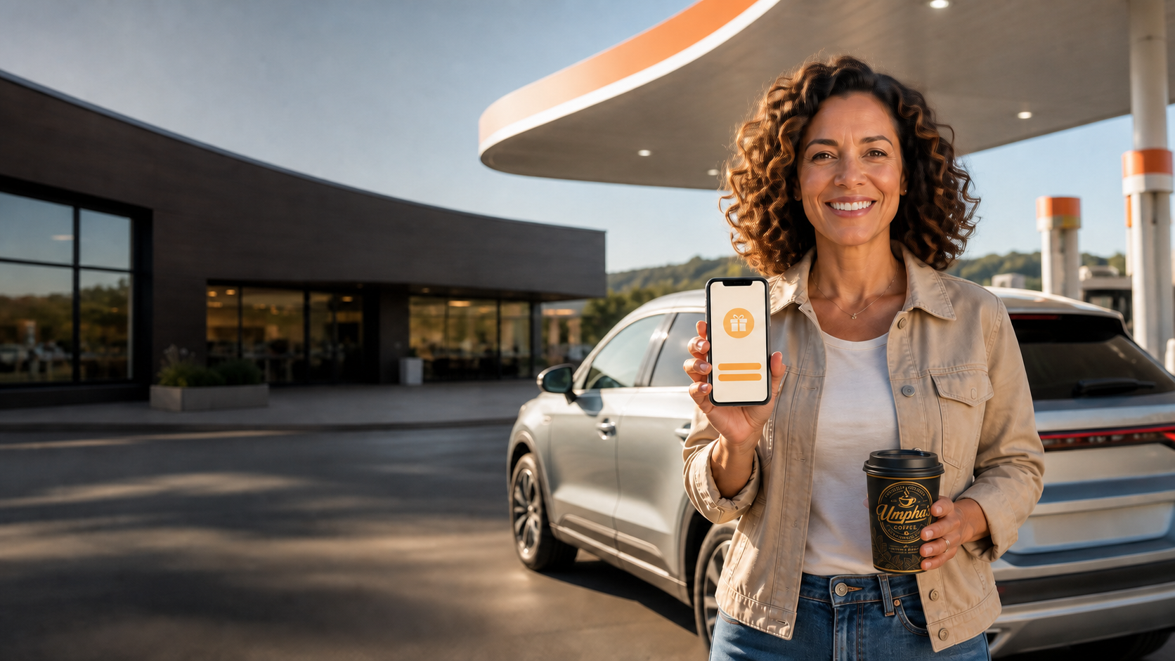An E66M member with Umpha's Coffee at a roadside fuel and coffee stop